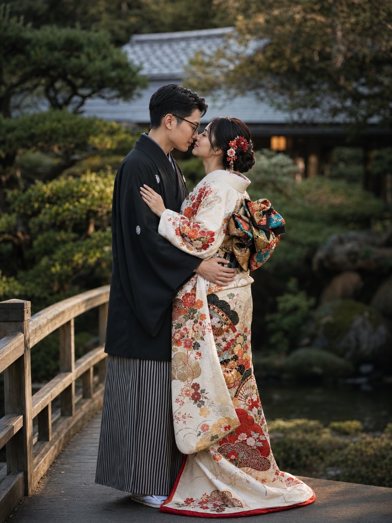 Japanese-style couple sharing a passionate kiss — Portrait AI image prompt