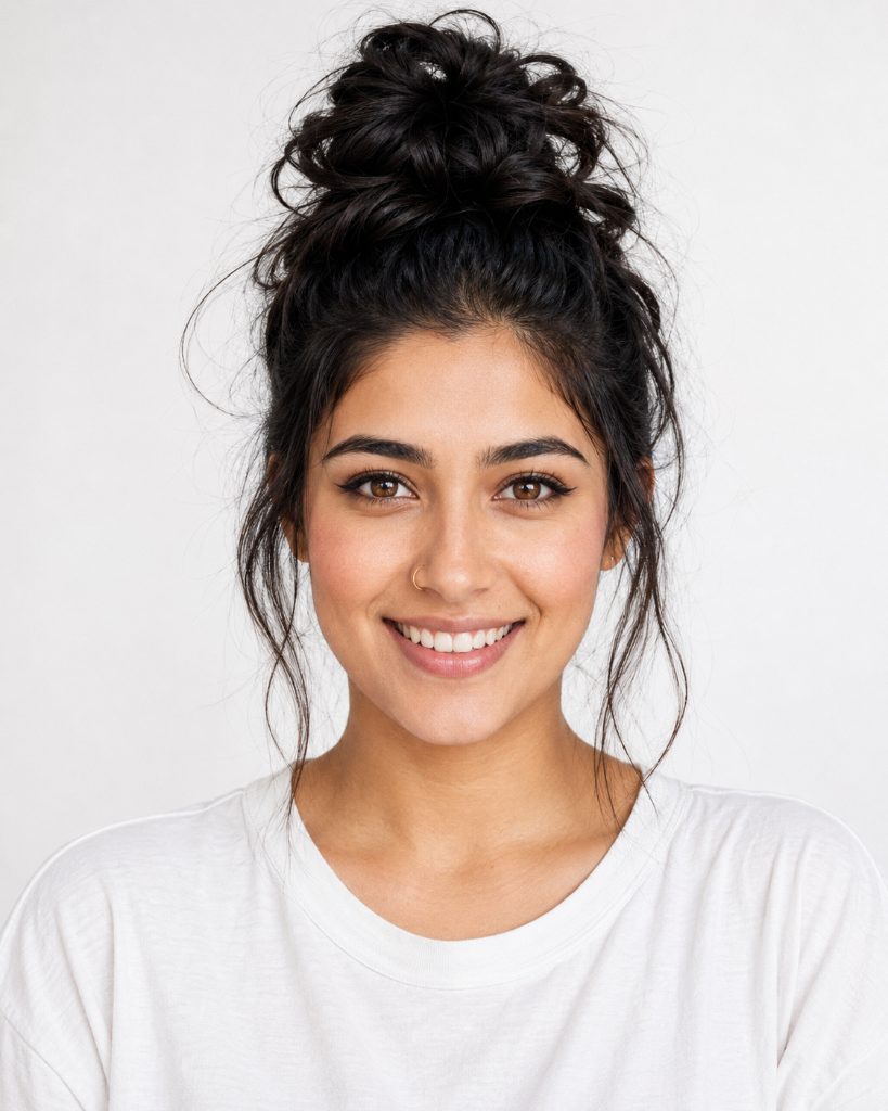 Smiling Woman with Messy Bun — Portrait AI image prompt