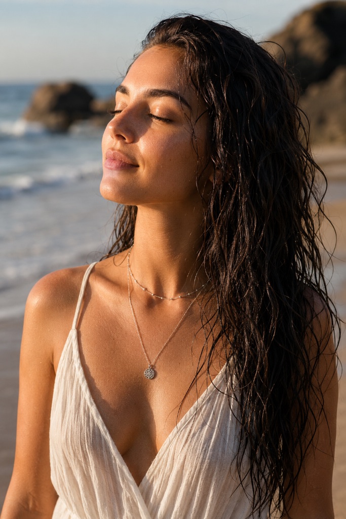 A Woman Bathed in Sea Breeze and Sunlight — Portrait AI image prompt